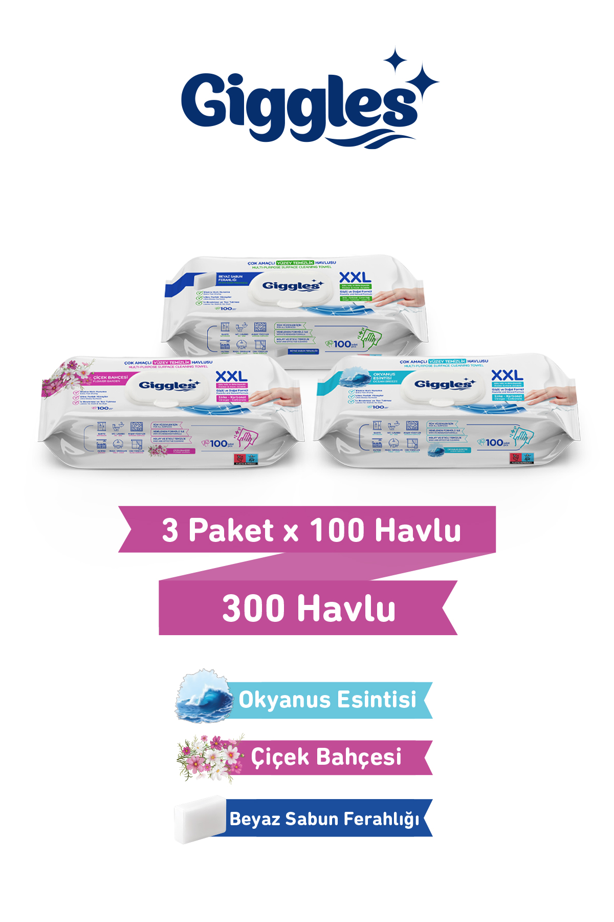 Giggles XXL İz Bırakmayan Yüzey Temizlik Havlusu -  (Beyaz Sabun-Çiçek Bahçesi-Okyanus Esintisi)  300 Havlu